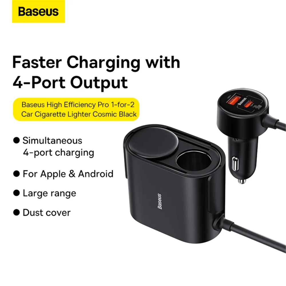 Baseus Car Charger High Efficiency Pro 1-for-2 Car Cigarette Lighter With 30W USB C USB A port – Cosmic Black