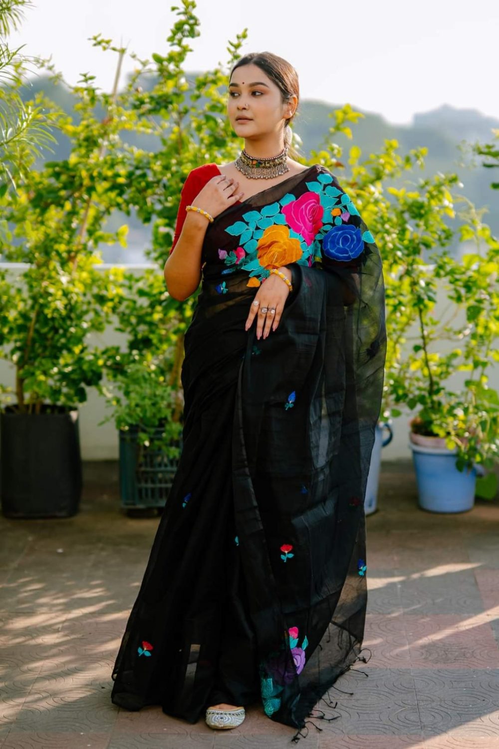 Half Silk Embroidered Saree - Image 6